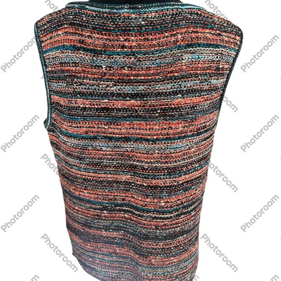 St. John Large Blue & Orange Woven Striped Sleeveless Sweater - Picture 5 of 6
